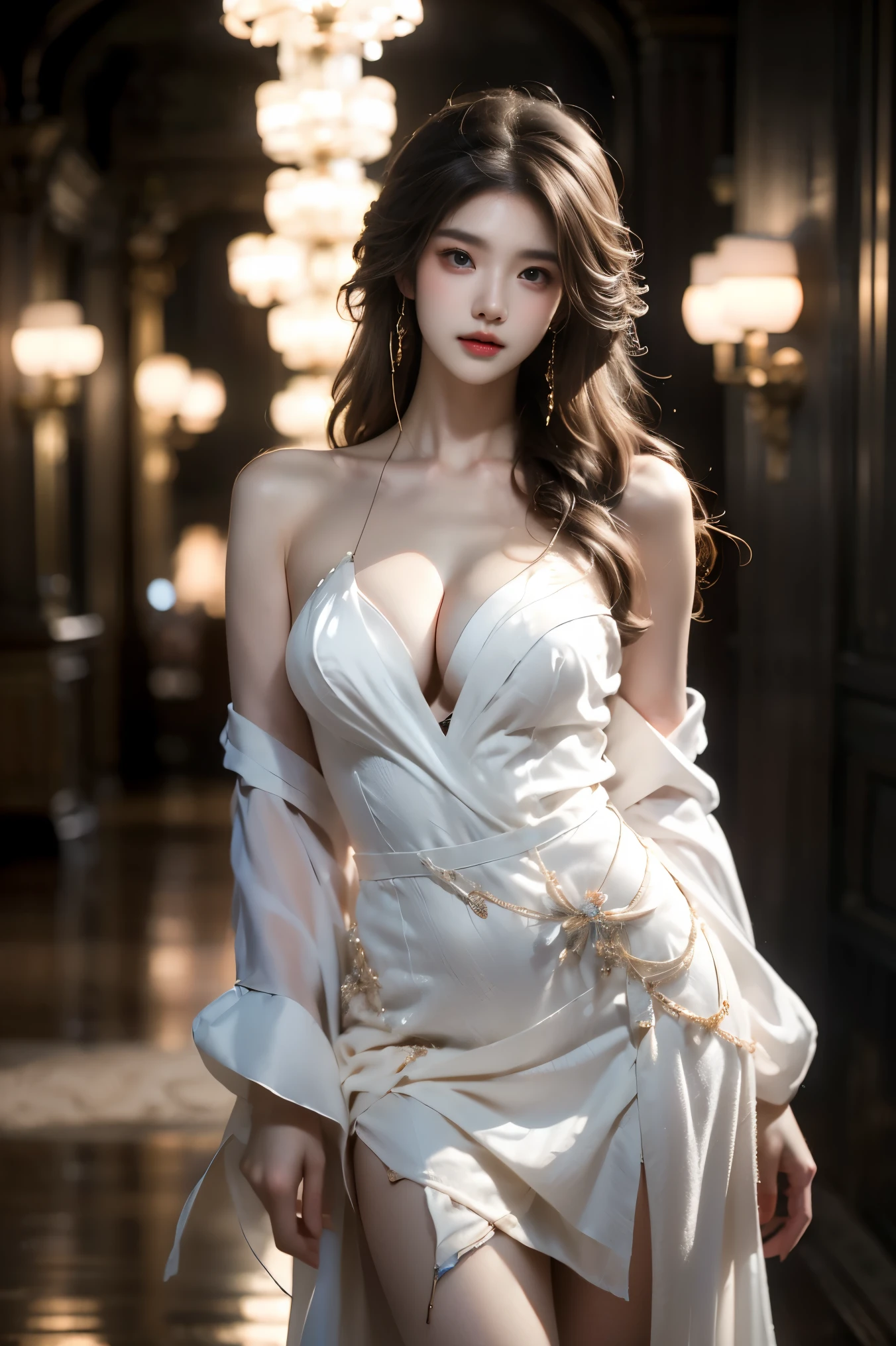 ((Large floor、Girl lying on a marble table))、(One Girl)、iridescent heterochromatic pupils、Silver Haired Girl、Free high resolution、Off-the-shoulder semi-transparent pure white dress、fairy,dress,fairy dress, ((Bare shoulders)), ((Full breasts)), ((The skirt is short)), ((sexy legs)), ((whole body)), Practical, Fashion girl, Red lips, Mature women, Exquisite makeup, big eyes, beautiful, (best quality, masterpiece:1.2), Ultra Detailed, (Practical:1.37), ((Random scenes, Random shooting angles)), ((Sexy long legs)), Young and energetic, Charming model, (Delicateeyes, Delicate lips), Show a bright smile, Create stunning girl images, warm color, Very high color saturation, Official Art, Extremely detailed CG, Unity 8K Wallpaper, (High Dynamic Range :1.4), (Movie atmosphere),(Soft colors), (Natural skin texture, ultra-Practical, Soft Light, sharp),(Very detailed), night, moonlight