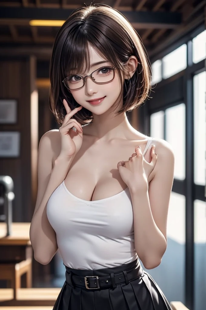 ultra-realism, 1girl, looking at viewer, A cute and attractive woman in a sexy pose, anatomically correct, ((She is smiling warmly and making a gesture of removing her glasses)), Square glasses, Her body proportions are natural and realistic, with soft lighting highlighting her features, straight bob hair, asymmetrical bangs, perfecteyes eyes, She is wearing a stylish outfit with a pleated skirt and a belt that highlights her waist, blouse, elegant background with a modern aesthetic, Highly detailed, vibrant, and polished, beautiful breasts, (leaned forward), cross-legged,