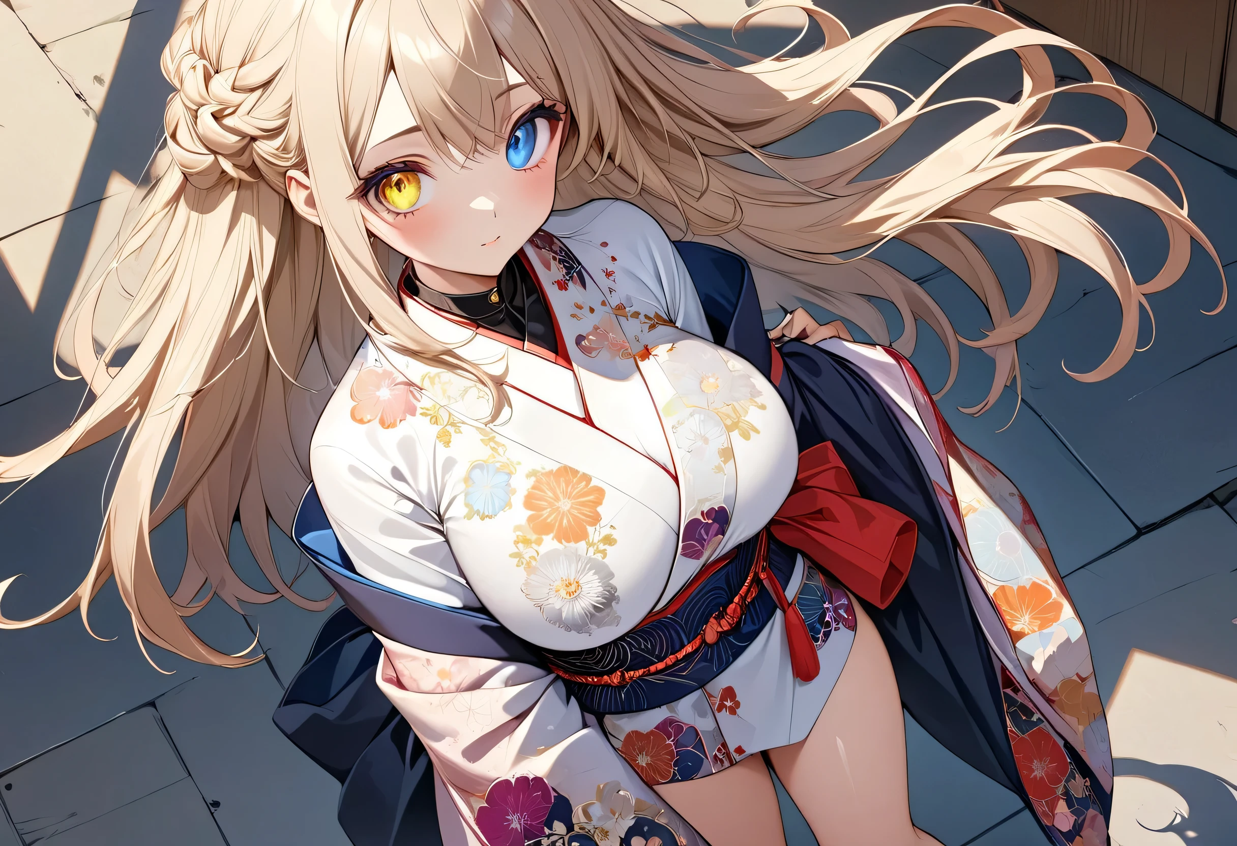 fresh illustration ,
Superfine painting,
top quality,
very delicate illustration ,
Very fine details ,
beautiful attractive anime style ,
Fascinating anime style ,
more details,
with tasteful embroidery on the belt {x} An illustration of a beautiful and sophisticated girl,
full body view,
Height: 158cm,
Fair skin,
Complete heterochromia,
large black pupils ,
beautiful eyes,
Shiny super long hair ,,
Hairstyle Random ,
Hair color is random,
The hair has gradation ,
pretty and cute face ,
Cheeks are ruddy,
Lowering the eyebrows,
since age 27,
The upper half of the body is in a traditional Japanese kimono,
Kimono colors and patterns are random ,
lower body Nadres ,
the color of the belt with your kimono ,
The belt has a gradation ,
fine fabric clothing ,
Shoulder-width narrower shoulders,
mega breasts,
Isometric,
Golden Ratio,
I'm wearing padded collar innerwear,
Match the location and weather ,,
tactical use of shadows ,
The circle of hair and head does not show the angle of view,
Clothes don't show the angle of view ,
Standing,
Long Shot,