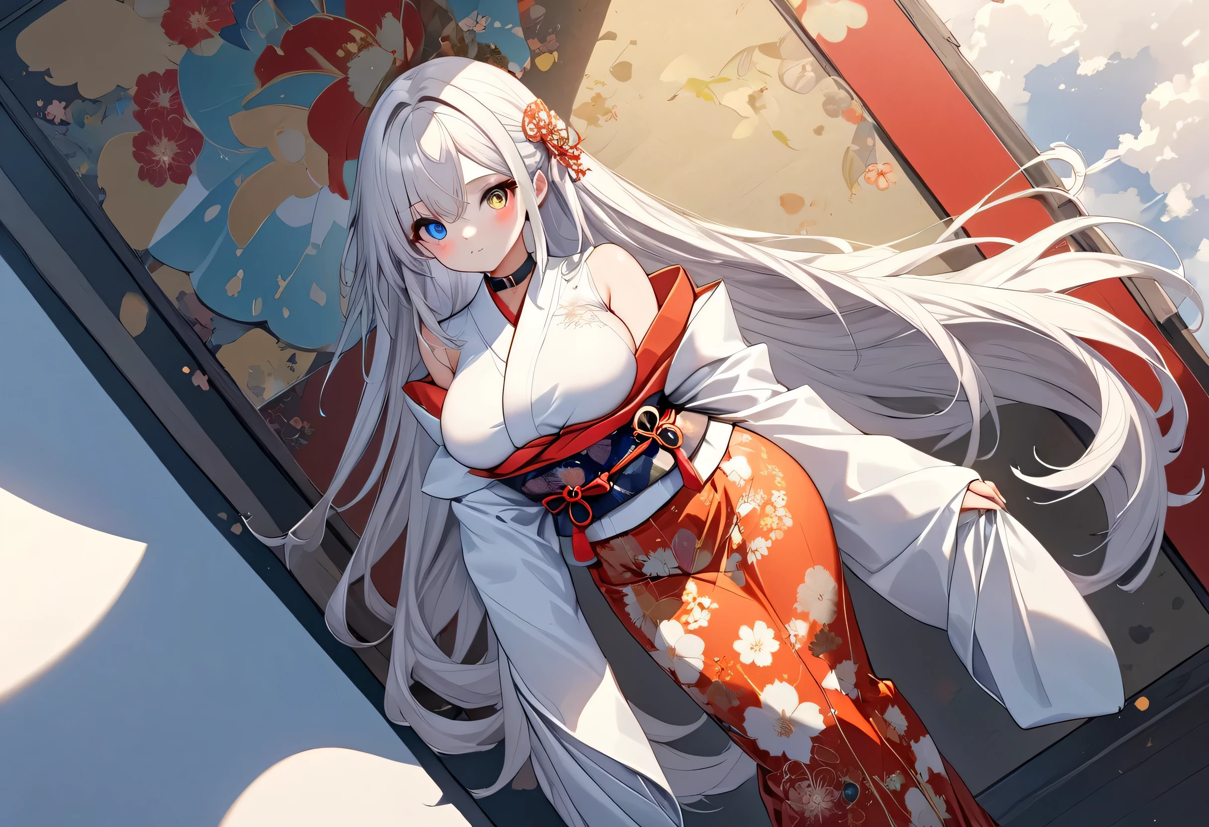 fresh illustration ,
Superfine painting,
top quality,
very delicate illustration ,
Very fine details ,
beautiful attractive anime style ,
Fascinating anime style ,
more details,
with tasteful embroidery on the belt {x} An illustration of a beautiful and sophisticated girl,
full body view,
Height: 158cm,
Fair skin,
Complete heterochromia,
large black pupils ,
beautiful eyes,
Shiny super long hair ,,
Hairstyle Random ,
Hair color is random,
The hair has gradation ,
pretty and cute face ,
Cheeks are ruddy,
Lowering the eyebrows,
since age 27,
The upper half of the body is in a traditional Japanese kimono,
Kimono colors and patterns are random ,
lower body Nadres ,
the color of the belt with your kimono ,
The belt has a gradation ,
fine fabric clothing ,
Shoulder-width narrower shoulders,
mega breasts,
Isometric,
Golden Ratio,
I'm wearing padded collar innerwear,
Match the location and weather ,,
tactical use of shadows ,
The circle of hair and head does not show the angle of view,
Clothes don't show the angle of view ,
Standing,
Long Shot,