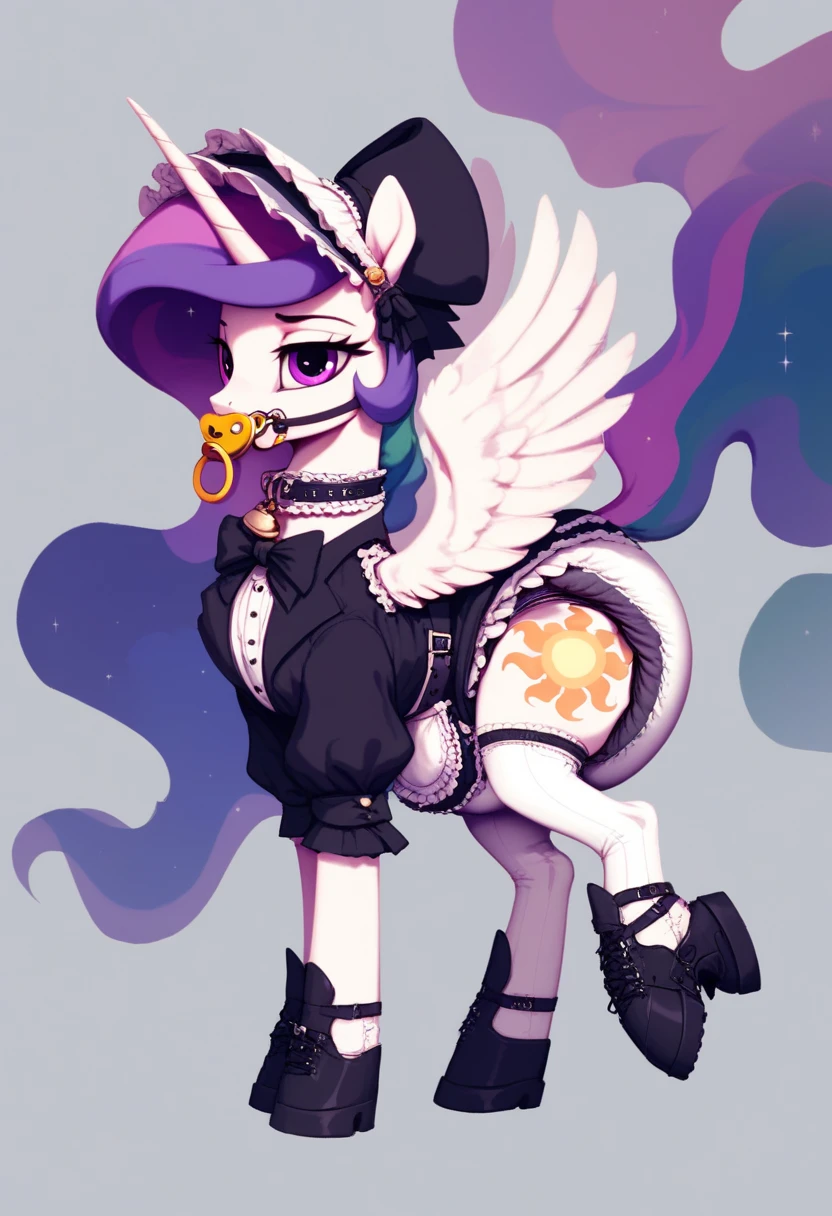 alicorn pony alone ,  on two hooves , Princess Celestia,  on top of them, most of the mane is wrapped in a dark light bonnet with white trim on the edges , there is a small pigtail on the back with two bows ,  purple eyes , stands on four hooves ,  wide open back hooves ,  dressed in an ornate formal black and white maid outfit with ruffles and ruffles and a short skirt,  on the neck there is a steel collar with a purple tint and a bell ,  white stockings and black booties over hoof socks ,  big white pacifier mouth gag with straps , thick diaper under clothes,  black plastic panties with a white steel belt , solo,  simple background.