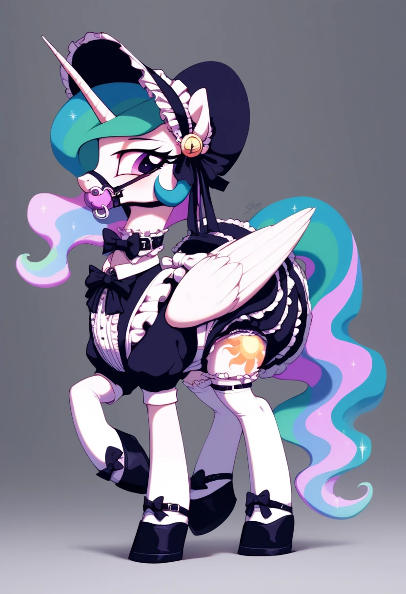 alicorn pony alone ,  on two hooves , Princess Celestia,  on top of them, most of the mane is wrapped in a dark light bonnet with white trim on the edges , there is a small pigtail on the back with two bows ,  purple eyes , stands on four hooves ,  wide open back hooves ,  dressed in an ornate formal black and white maid outfit with ruffles and ruffles and a short skirt,  on the neck there is a steel collar with a purple tint and a bell ,  white stockings and black booties over hoof socks ,  big white pacifier mouth gag with straps , thick diaper under clothes,  black plastic panties with a white steel belt , solo,  simple background.