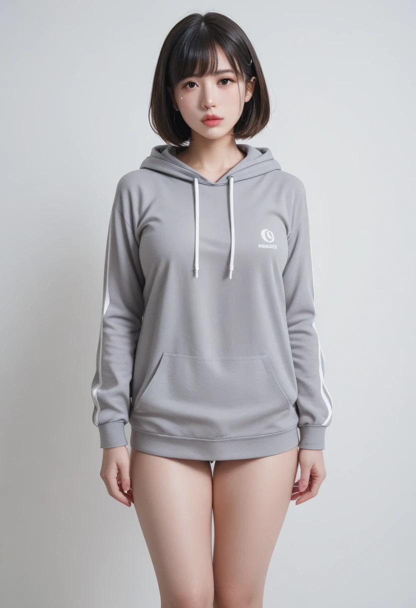 highest quality:1.3, masterpiece, Ultra-high resolution, realistic:1.3, solo:1.3, ((Clear Face)), sidelighting, cowboy shot, from front, (looking at camera:1.3), white background, (grey sweatshirt, black panties), standing, (big busts), Showcasing cleavag, arms at sides, smile