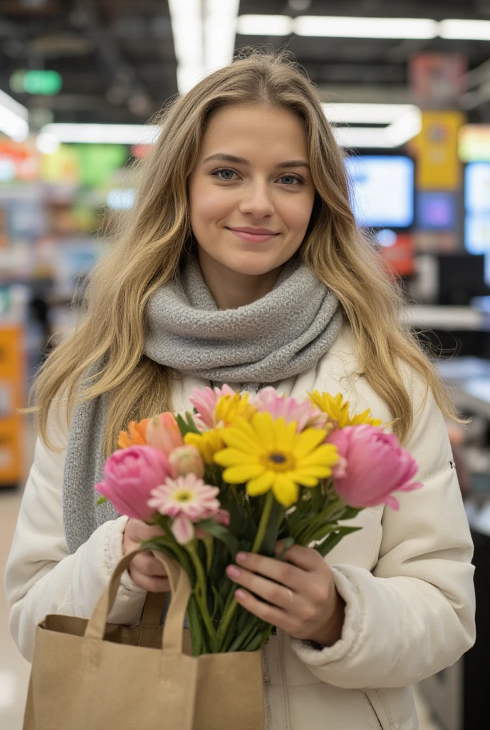 Selfie of 30-year-old slim woman with long blonde hair and blue-grey eyes and small breasts, wearing a white puffer jacket and a light grey scarf. She is at the supermarket checkout, holding a bouquet of flowers and a reusable shopping bag filled with groceries. Her expression is cheerful, and the background shows a cashier scanning items. The photo was taken straight on at face level, photo in bright indoor light.