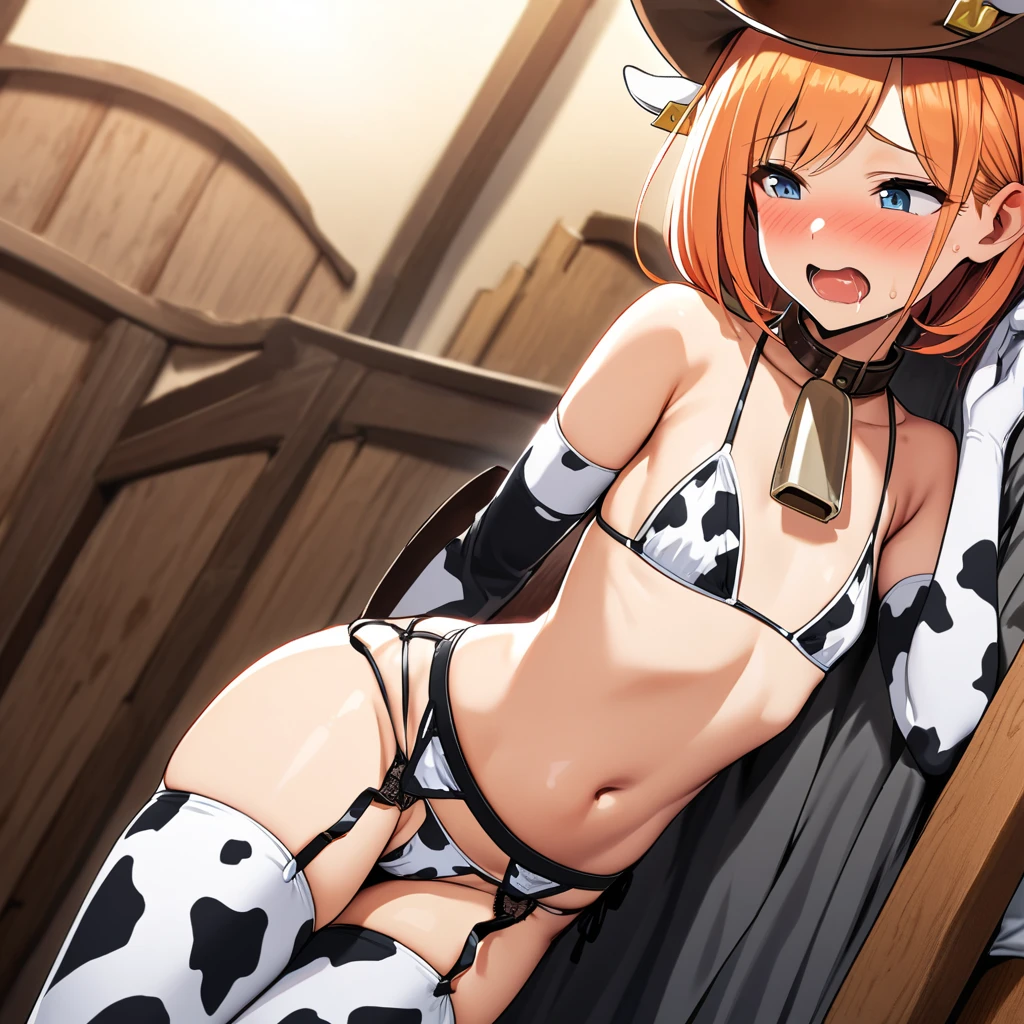 ((igawa sakura)),(masterpiece, best quality), symmetrical composition, from bellow,pov, 1girl, huge breasts,BimboT, steam from the sides, steam from crotch, raise both arms up, kneeling, (cow print KNEE HIGH SOCKS), COW BELL CHOKER, mile, cow print, micro bikini,swimsuit, cow print micro mini skirt, from behind, sweat, at night, privat,