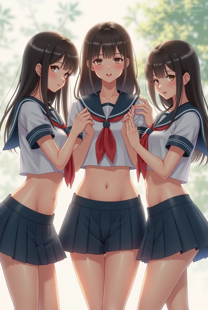 ((highest quality)), ((masterpiece)), (3 girls:1.3), Three cute girls are posing for the camera outdoors underwater, (shirtを持ち上げる:1.3),(The wind flips my skirt:1.5), three people standing in a row, (Close-up shot from the waist up:1.5), (open your mouth and smile:1.3), ray tracing, (bubble butt), bend over, hair band, head band, hair bobble, blouse, shirt, (cherry blossom micro bikini top), (high resolution eyes:1.5), (High definition finger 1.5), light smile, realistic, Asian, Westerners, silver hair, brown hair, blonde, (belly button), jewelry, looking at the viewer, necklace, small breasts, long hair, short hair, (abs),