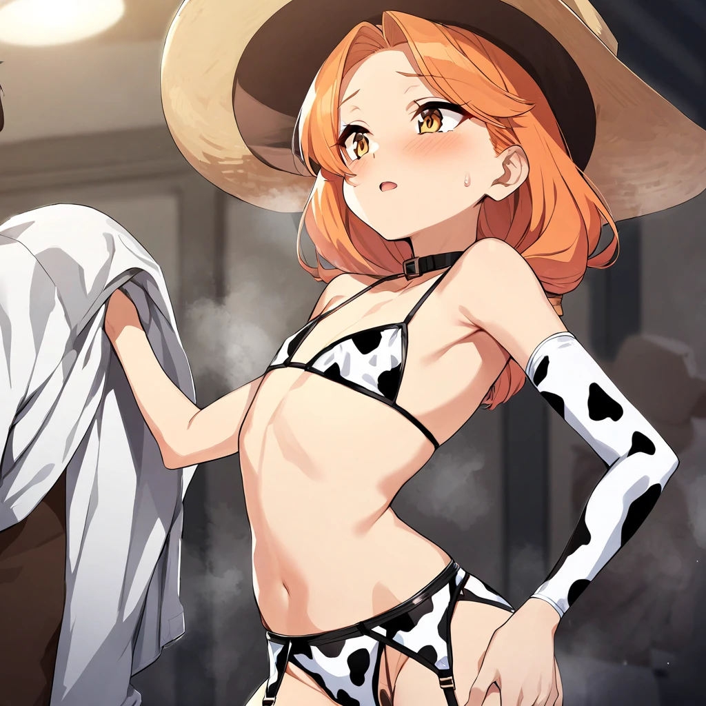 detailed illustration (side view),dynamic angle, ultra-detailed, illustration, clean line art, shading, anime, detailed eyes, detailed face, beautiful face, dramatic lighting, detailed illustration, dynamic angle, ultra-detailed, illustration,

Woman, well endowed, short red hair, cow print bikini, small cow horns on head.