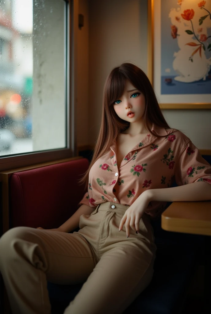  Professional Photography, Wong Kar-Wai's movie lighting style,  A charming sad sex doll wearing a vintage shirt and vintage khaki pants,   She has long messy straight hair  , She is looking down, Sitting in the corner of the restaurant and leaning back , The window with raindrops , Set in 1980s Hong Kong , Bokeh