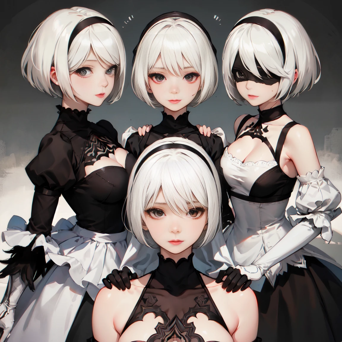 Nier:Beautiful cosplay of 2b from Automata、2b、A woman cosplaying as 2b、White skin、tall、Great style、Big Breasts、Small face、High nose、Sharp Eye、Beautiful Face、Beautiful face、30 years old、British women、Half British、Nier:2b&#39;s black costume from Automata、Light background、Fantasy city background、Standing in a cool pose、Shooting from a diagonal angle、masterpiece、highest quality、high resolution、Professional Photos、Fantasy、Glaring at the camera、Cosplay makeup style、Real Cosplay Photo、Cool and beautiful photos、Portrait、Wrapped in a pale white glow、like、happiness、Kindness