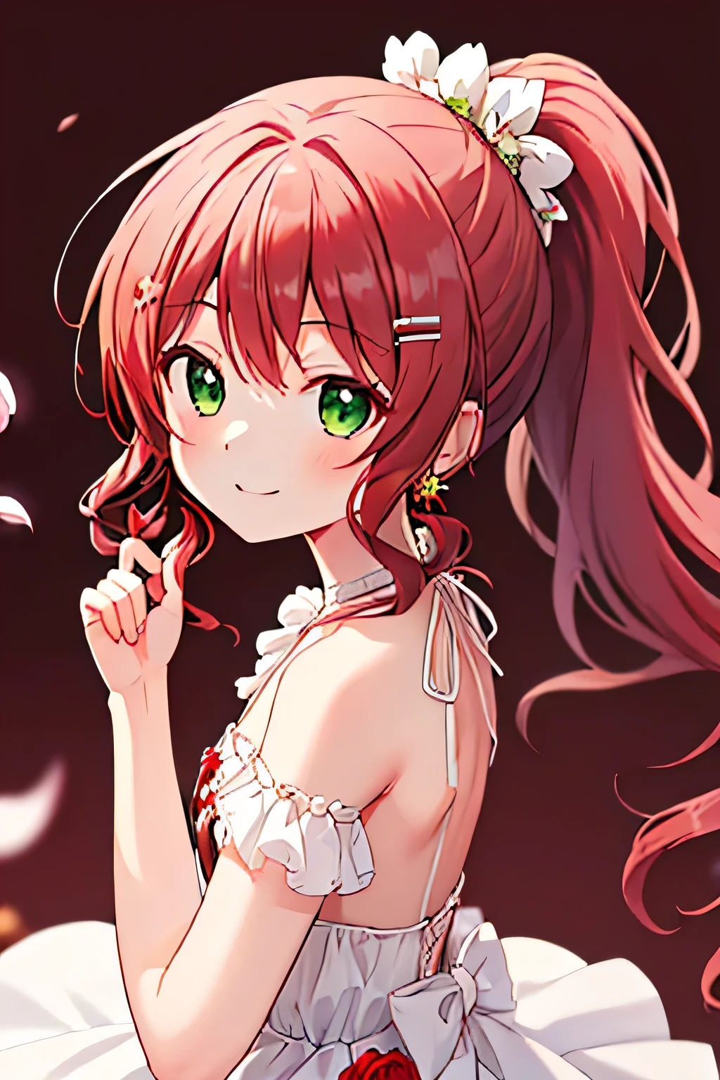 ((green_eyes)), ((red_hair)), bangs, ponytail, sidelocks, one hair clip decorated with flowers in her hair, long_hair, princess, ((red white dress)), simple background, smile, hold the pistol