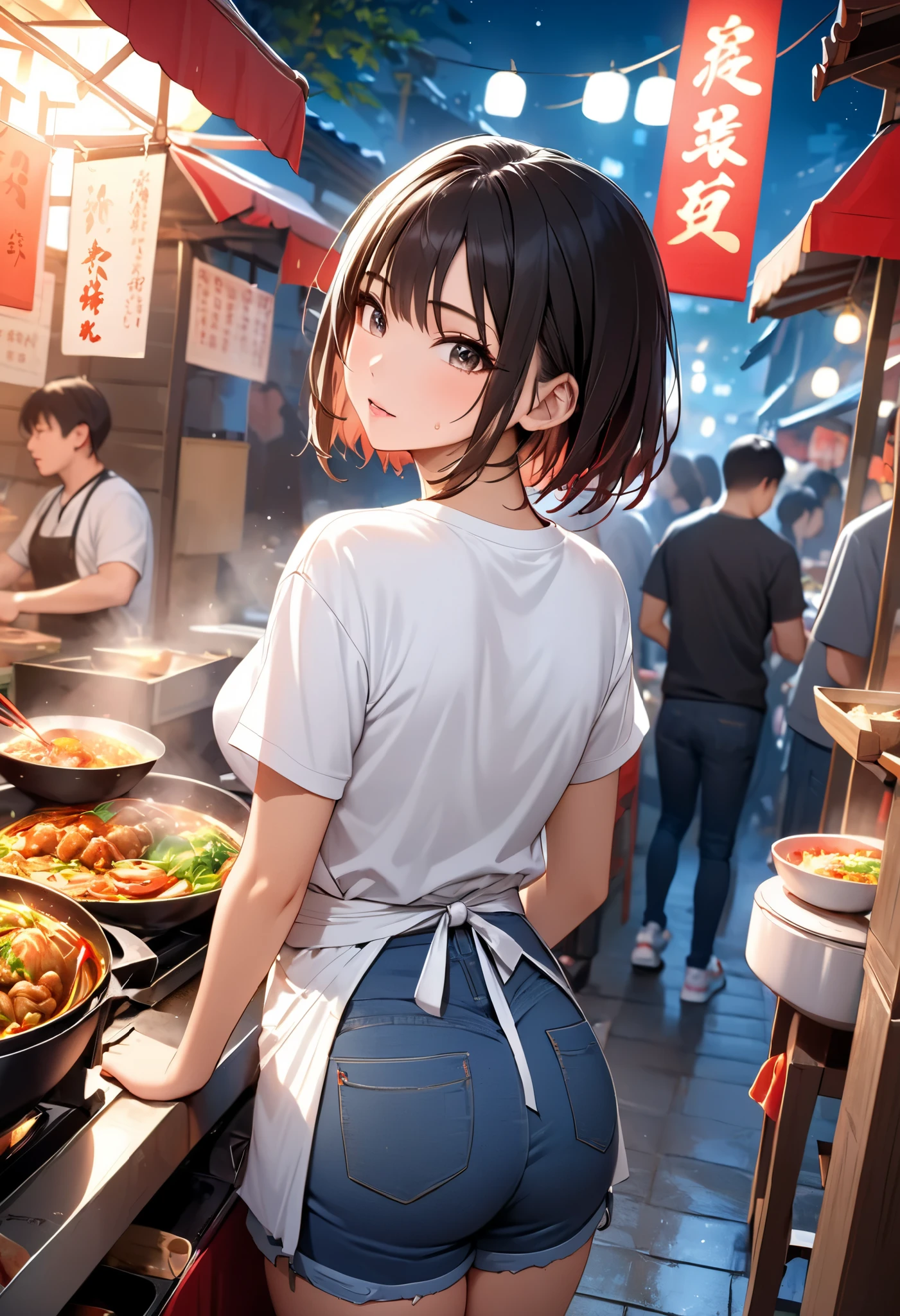 portrait, (Masterpiece, top quality, ultra high definition), back side shot, solo Japanese woman, sexy girl, Chinese food stall, Food stall village, Bustling, A girl sweating and cooking Chinese food in the kitchen inside the stall, Short-sleeved T-shirt, Apron, Jeans shorts, Sneakers, Night stall, Stir-frying food in a large wok