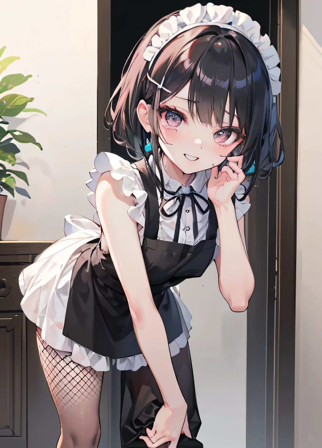 (top-quality,16K image quality,masterpiece:1.5),View Viewer,sexypose,Maid Style,maid underwear,in one's underwear only,open mouth.seductive smile,aroused,blush,Love Hotel at Night,bitch,13 years old,slender,middle hair, little two side up,flat chest,shiny hair,Fair skin,Straight black hair