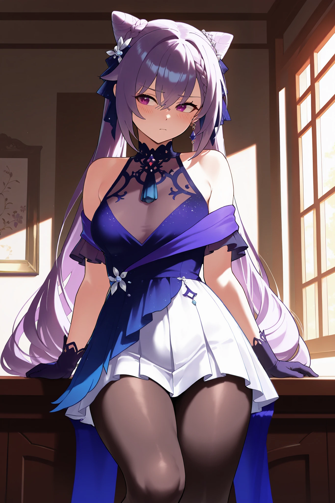 NSFW,masterpiece, top quality, high definition, very detailed,Keqing、 braids、コーンHair Bun、Hair Bun、 hair ornament、 Long Hair 、 purple eyes、 purple hair, Exposed Shoulders、 black pantyhose、Sleeveless、 dress、gloves