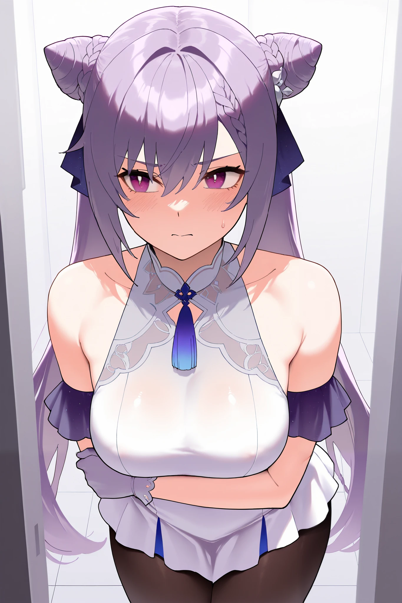 NSFW,masterpiece, top quality, high definition, very detailed,Keqing、 braids、コーンHair Bun、Hair Bun、 hair ornament、 Long Hair 、 purple eyes、 purple hair, Exposed Shoulders、 black pantyhose、Sleeveless、 dress、gloves