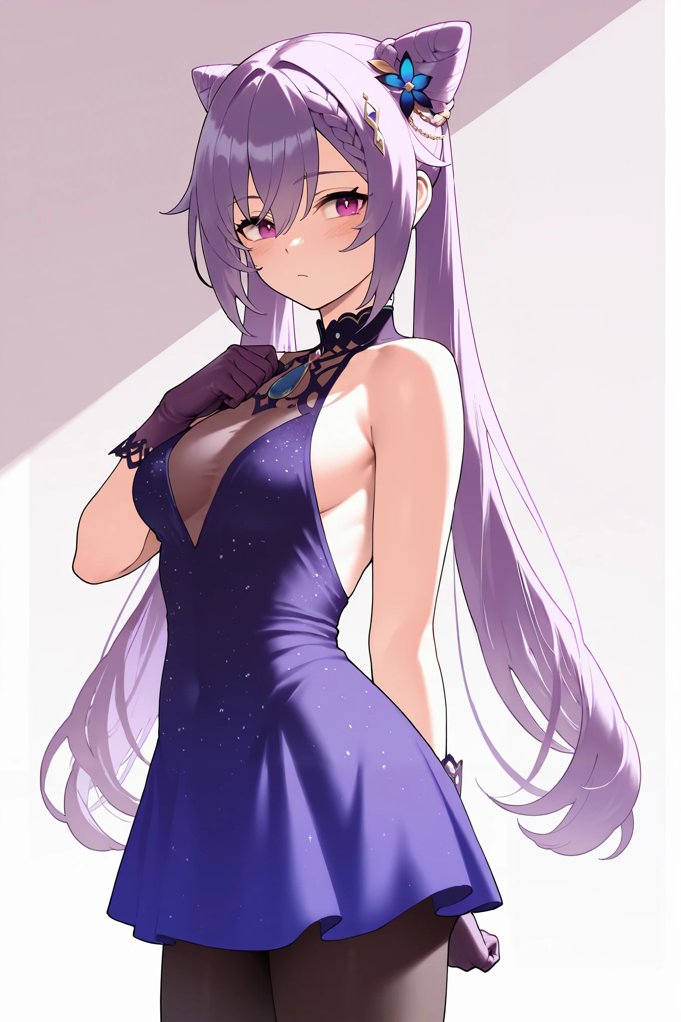 NSFW,masterpiece, top quality, high definition, very detailed,Keqing、 braids、コーンHair Bun、Hair Bun、 hair ornament、 Long Hair 、 purple eyes、 purple hair, Exposed Shoulders、 black pantyhose、Sleeveless、 dress、gloves