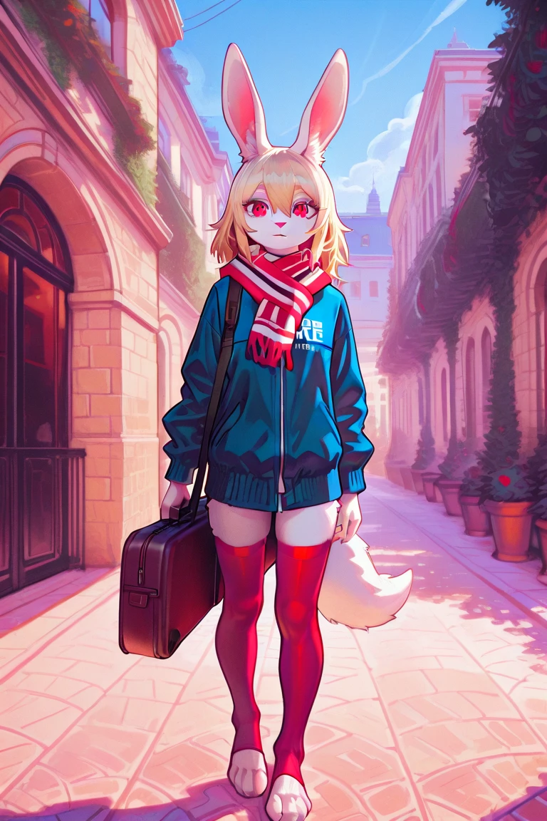 [char1=" anthro white bunny girl, cute, very slim, flat, plantigrade, red eyes, detailed eyes, blonde long female eyelashes, light blonde short hairs, wears blue short jacket and scarf with yellow_red stripes, red leg's fur and feet, red stocking,high detailed, perfect fur texture, (looks behind), (on profile), white bunny's tail, bare toes, 4 toes, holds a violin's case, (looking the viewer)"]  char 1 is walking, paris scenario, very low shot, masterpiece, breathtaking, dynamic:1.5, professional illustration, lineless, flatcolors, impasto style:1.2, (illustration:1.3), masterpiece, breathtaking illustration, pixelsketcher, bright color grading,, light leaks, adventure, , simple shading, flat colors, cel shading, dark cel shading, masterpiece, high res, best quality, by paperclip, by buta99, by coffeesoda,