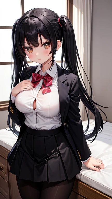 (Manhwa style), a sexy girl, long black straight hair, twintail hair, black eyes, beautiful eyes, blush on make up, red eyeliner, black neck tie, white shirt, mini pleated skirt, stockings, garter belt, big breasts, blushing, smiling, (high quality), (best quality), (full body), sexy lips, cleavage, big hips, fingering, horny, masturbate, masturbation, masturbating, on the bed, bedroom