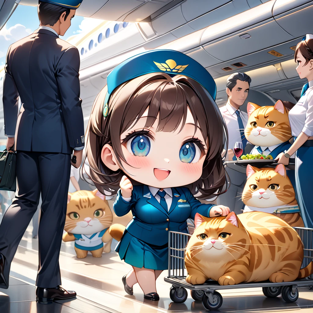 (masterpiece), (ultra-detailed), (best quality), (clear focus), dramatic scene, cinematic, shadow, (ultra-high resolution), (8k), perfect anatomy, perfect face, (detailed face), (detailed eye), (chibi:1.3), (cute Japanese chibi small girl:1.3), famous Japanese chibi idol, very beautiful with cute but cool face, (the girl is Vietnam Airlines flight attendant and wearing an elegant uniform:1.2), she is holding a black large baggage, (medium breasts), she is serving at the business class section in the aircraft, (She is pushing the meal cart down the aisle and providing meal service to passengers of giant fat cats:1.3), The giant fat cats are seated in a well-mannered row and they look like businessmen, (the giant fat cat is mewing at the business class seat:1.2), (detailed giant fat cat with jitome looks like a business man:1.3), many kind of wine and juice bottles on the cart, she is holding a gorgeous inflight meal plate, they looks so happy, happy smile, (shoot from side), boarding stairs