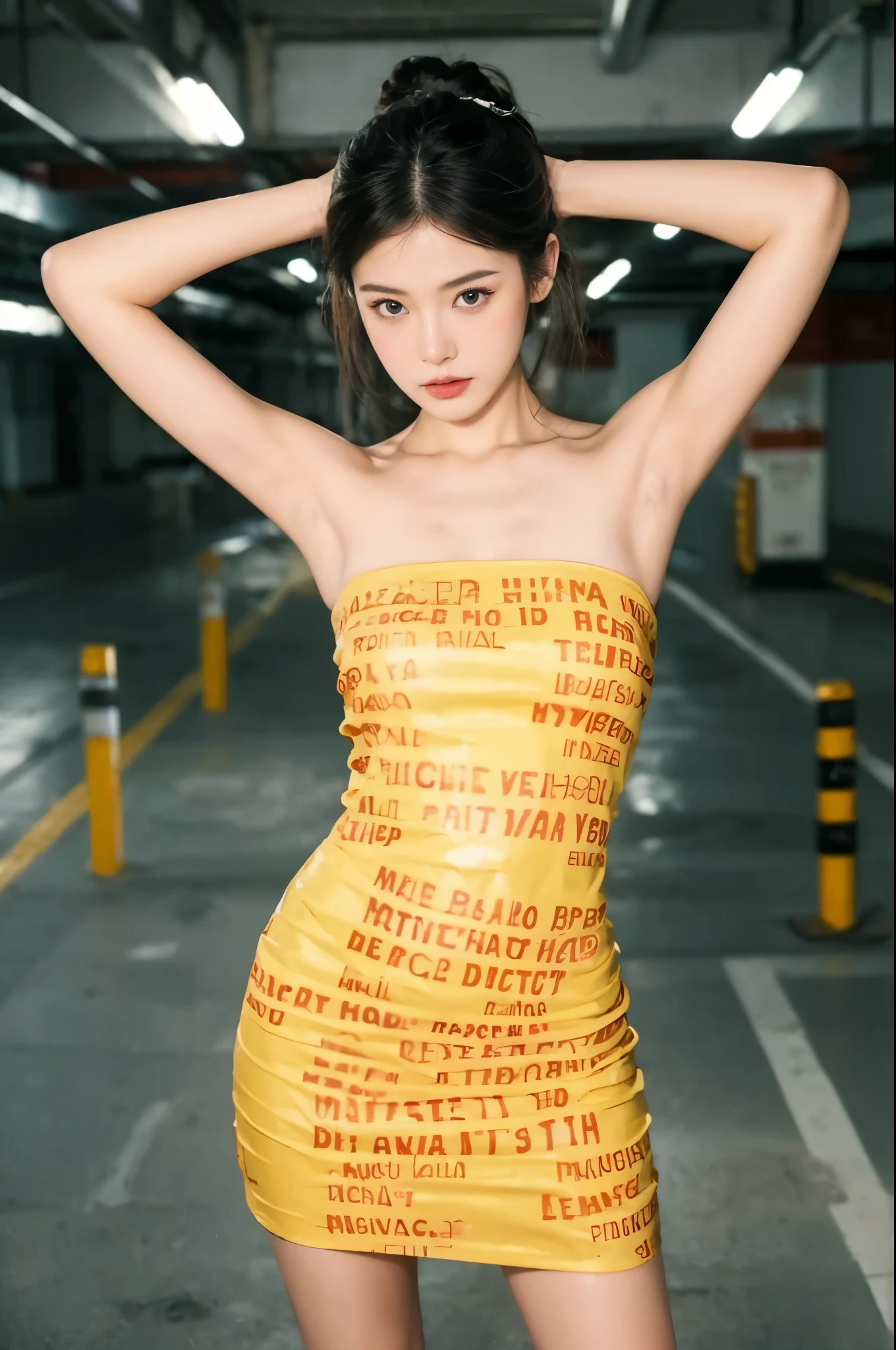 (((best quality))),(((super detailed))),(((masterpiece))),illustration,1 girl,detailed face,DHL tape dress