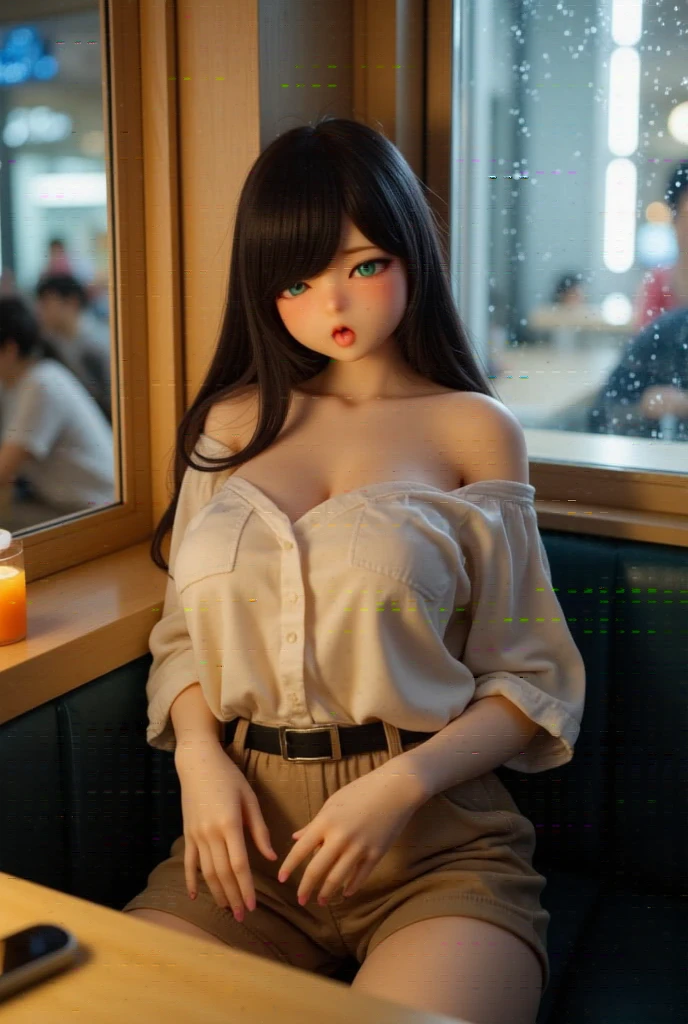  Professional Photography, Wong Kar-Wai's movie lighting style,  A charming sad sex doll wearing a vintage shirt and vintage khaki pants,   She has long messy straight hair  , She is looking down, Sitting in the corner of the restaurant and leaning back , The window with raindrops , Set in 1980s Hong Kong , Bokeh