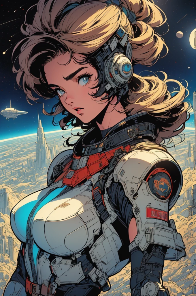 (((Top Quality Masterpiece ))),(((solo:1.2))),((( 1 woman :1.2))), 32K Highly Detailed Wallpaper , Retro Vintage Style ,(dynamic Angles),((( overwhelming highlights))),((most complex machine)),American comics taste , 80s space survival dystopian movie poster,(((Detailed and perfect woman ))),((( bust up))),