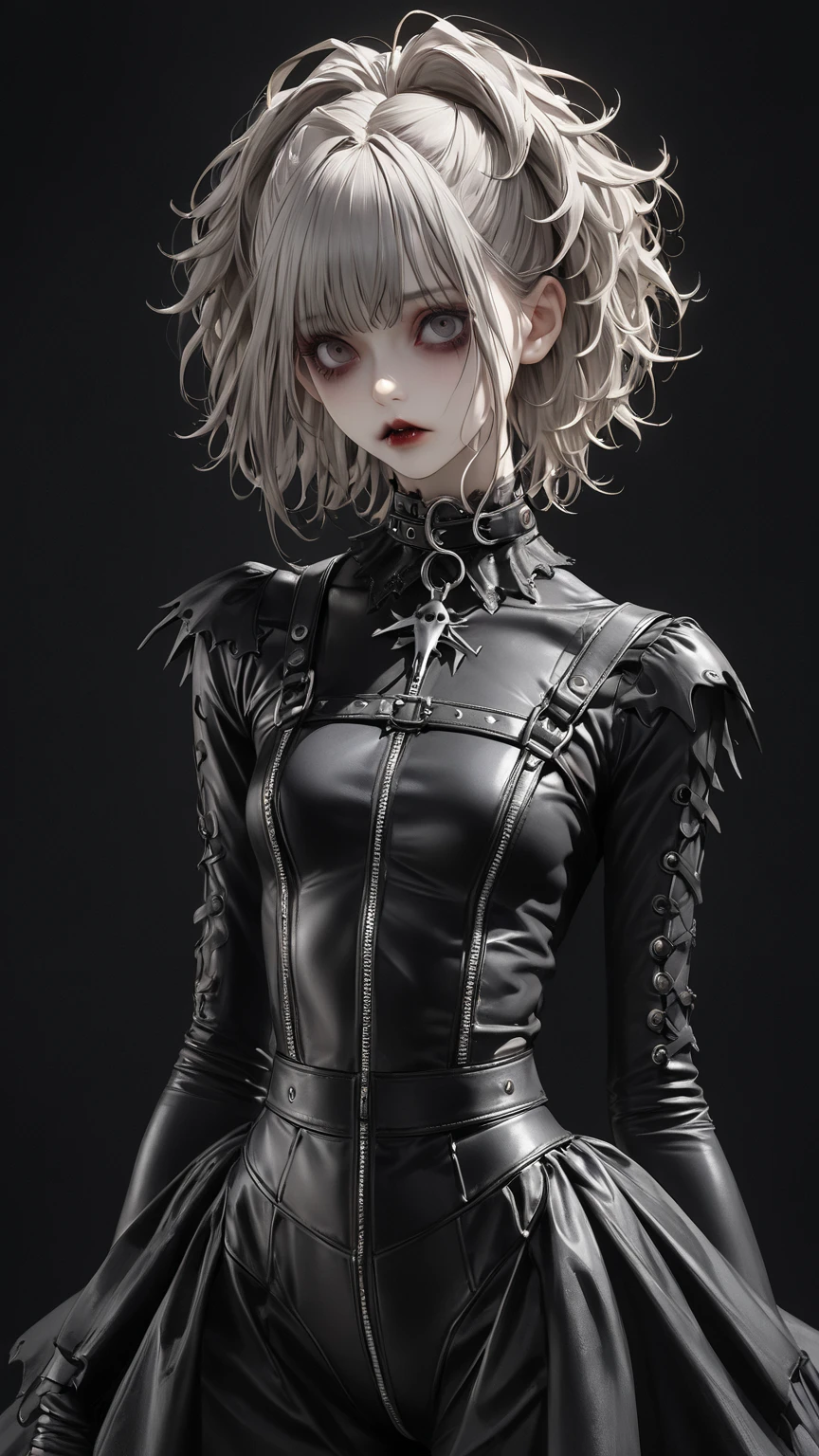 high res , masterpiece, Accurate,  top quality,  high res model,  high detail, Anatomically Accurate, Norman Rockwell & Tim Burton styl、Edward Scissorhands、black leather costume、Skinny, fair-skinned man、Alone,  dark background 、 fantasy、 horror、 darkness、Gothic、1人の女の子, 