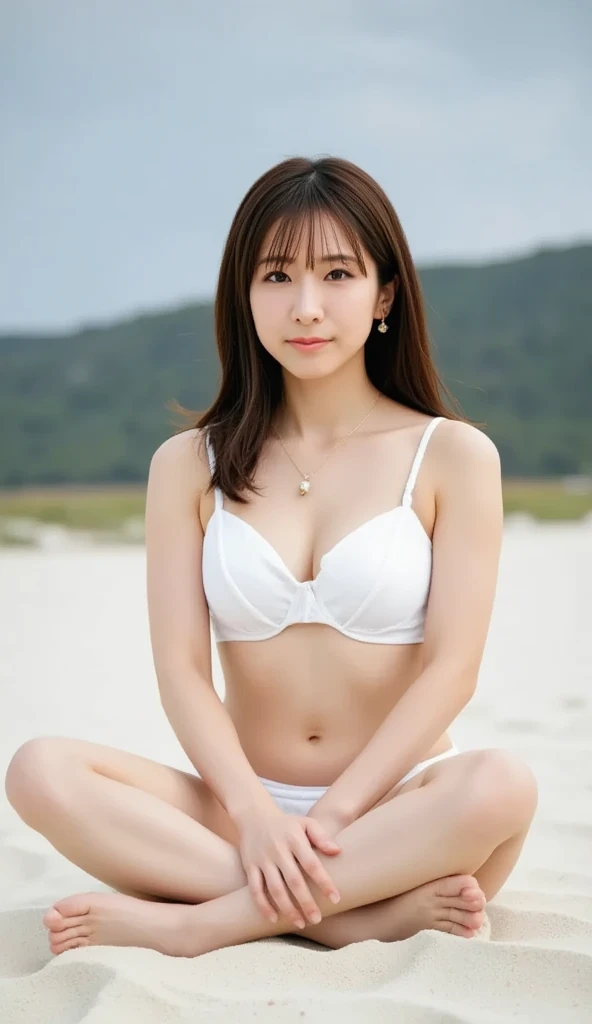 The composition is a full-body shot from below 、 A woman with big breasts, who has the correct structure as a human being and the correct structure as a woman, is naked on the beach wearing a bikini swimsuit and posing cross-legged alone、 top quality、masterpiece、 Not wearing underwear 、barefoot, 