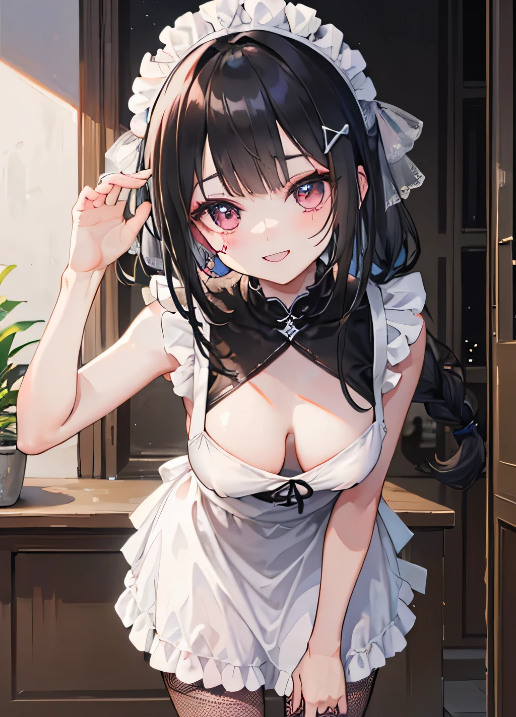 (( top quality)), (( Masterpiece )), ( Details), Slender Woman、21 years old、Landmine Girl、 (( black hair、 long hair、 big ribbon、
headband、
Valletta、
Braided Ribbons 、
pearl pins 、
Bijou Items 、
Cameo Motifs 、 white skin、 my style makeup 、 white skinのメイク : Base Makeup to Whiten Your Skin 。
• Red and Pink Cheek Clips : black and lace choker teeth 。
• Teardrop Highlight Bag : I often see teardrop bags with eye makeup 。
• Highlight eyeliner : teeth、 is often seen with 、 mine style fashion 、 Slender Woman 、 Dark Eyes、 Sleeveless 、 White maid uniform 、 white miniskirt 、 Black Fishnet Tights 、 Black apron dress、 Black Fishnet Stockings 、 lean forward 、 cute pose 、 stand with legs open、 Touching Her Face with Both Hands 、 Touching cheeks with both hands 、smile、 Girly Atmosphere 、smile、)))、 Large hair ornament、 transparent bodystocking
see-through, bodystocking 、
Loose Fit T Shirts 、 shirt tag
sweaters
Asian beauty
beauty
Take a deep breath 、
Often seen with down blouses
loose t-shirt
Lean forward