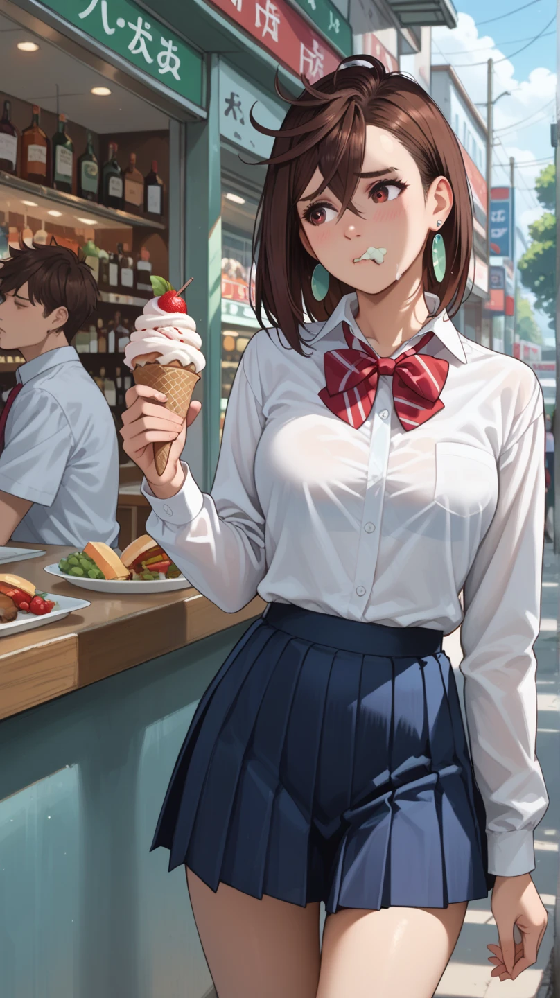 Ayase Momo, The taste of  ,medium hair, brown hair, brown eyes, shy, blush all over face, medium breasts, shocks, red bowtie, long sleeves, blue skirt, pleated skirt, school uniform, earrings, collared shirt, white shirt, eating BIG sausage skewer, on the street food Stall.