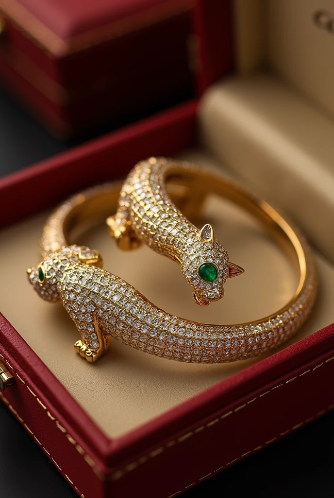 Cartier Panthère Bracelet – With diamonds, emeralds, and gold, this set brings timeless luxury and elegance.
In a box