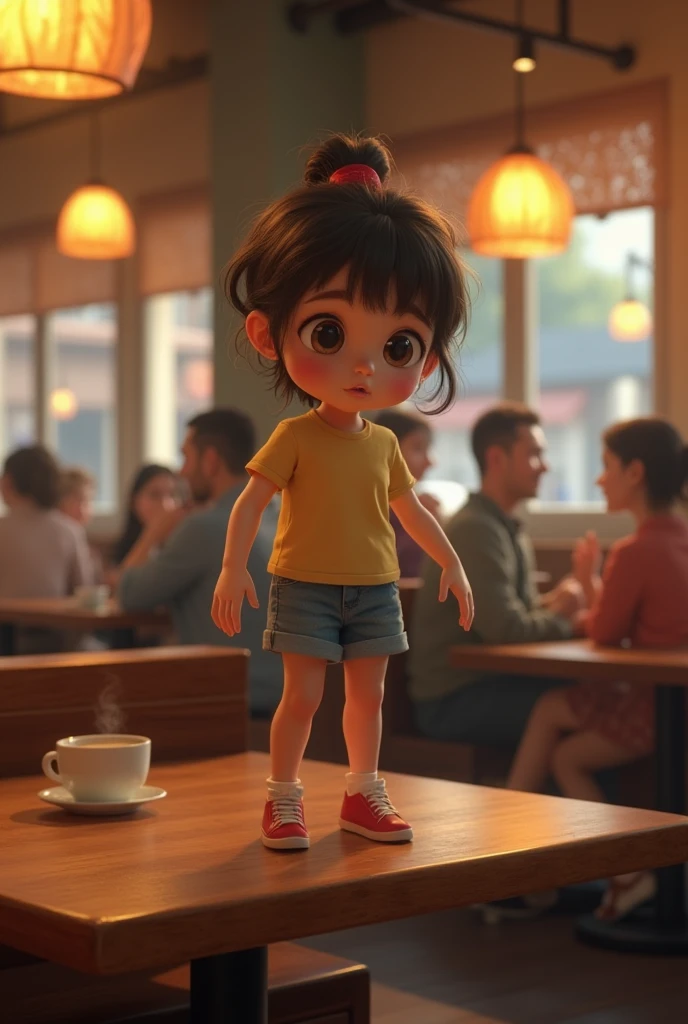  cinematic scene ,  girl climbed onto the table and doesn't know how to get off it,  background cafe-bar 