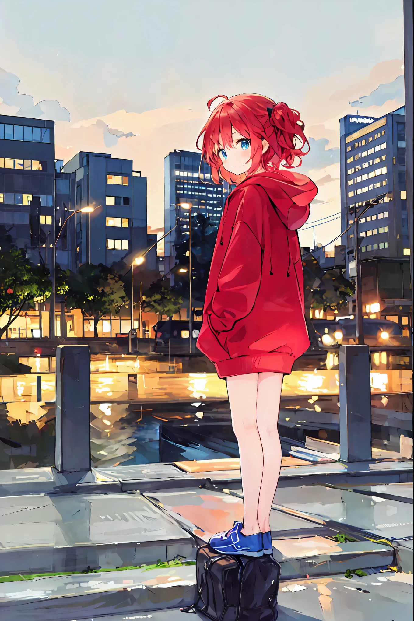 4 Kanata,Wear a hoodie。 lower body naked,Butt,nice,Beautiful night view background,Stand on tiptoes, bend your knees,Point your knees outwards,Rear View