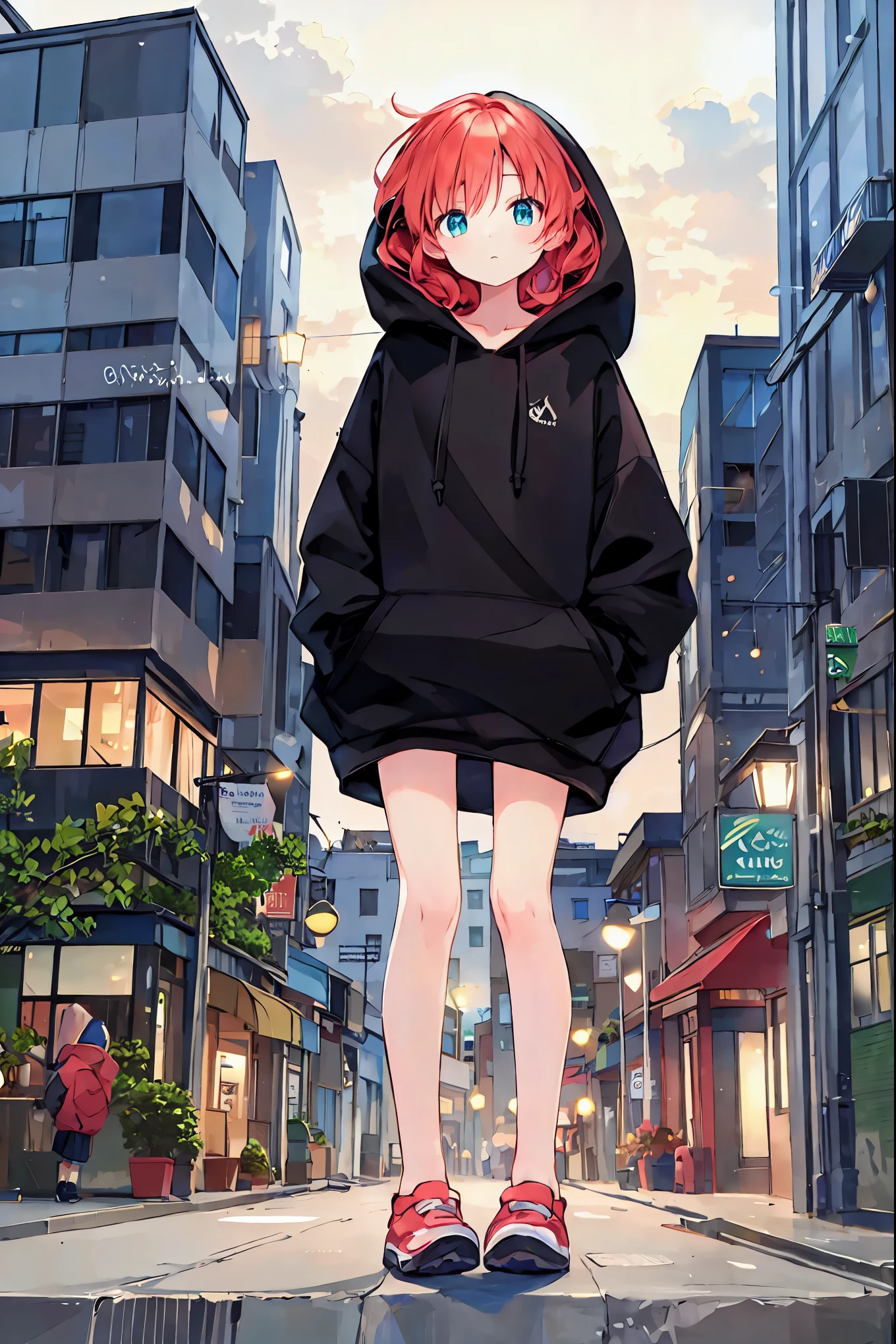 4 Kanata,Wear a hoodie。 lower body naked,Butt,nice,Beautiful night view background,Stand on tiptoes, bend your knees,Point your knees outwards,Rear View