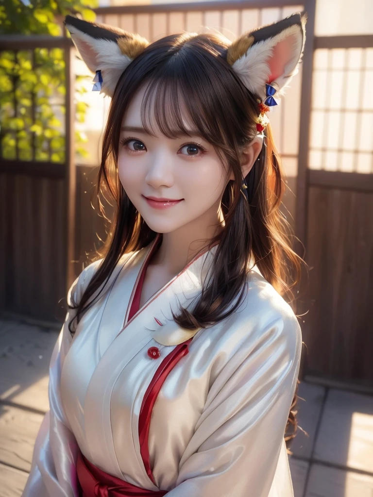 ( face close-up:1.4)、 top quality、 ultra high definition、(Photographically: 1.4)、 beautiful eyes、 very beautiful、 shiny hair 、Mature and elegant、(smile、smile:1.5)、(Fox's false ears:1.5)、(kawaii miko girl, wearing japanese white clothes,red hakama, in a Japanese shrine, 45 angle by krenz cushart and Mucha, golden hour lighting, strong rim light, intense shadows)