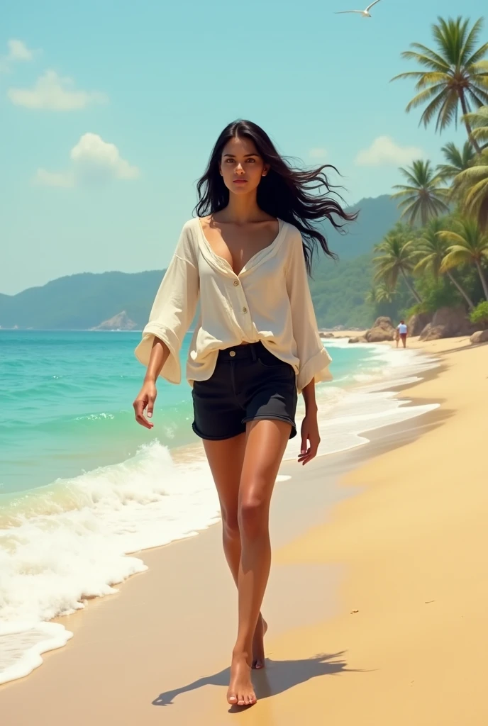 A Brazilian woman, 30 years old white, Bblack hair, walking on the beach, wearing a floral closed shirt and shots, showing off your natural charm and outgoing personality.
