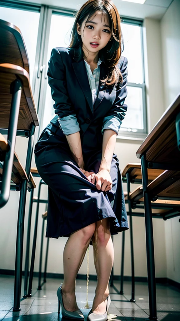 Instagram photo of an Indonesian woman with small breasts (medium long hair), seductive, sensual look, ((arms behind back)), (cowboy shot), Sma_uniform (unbuttoned), uniform, high , white shirt, grey skirt, standing in classroom, peeing in skirt, peeing, pee stain, pee puddle,