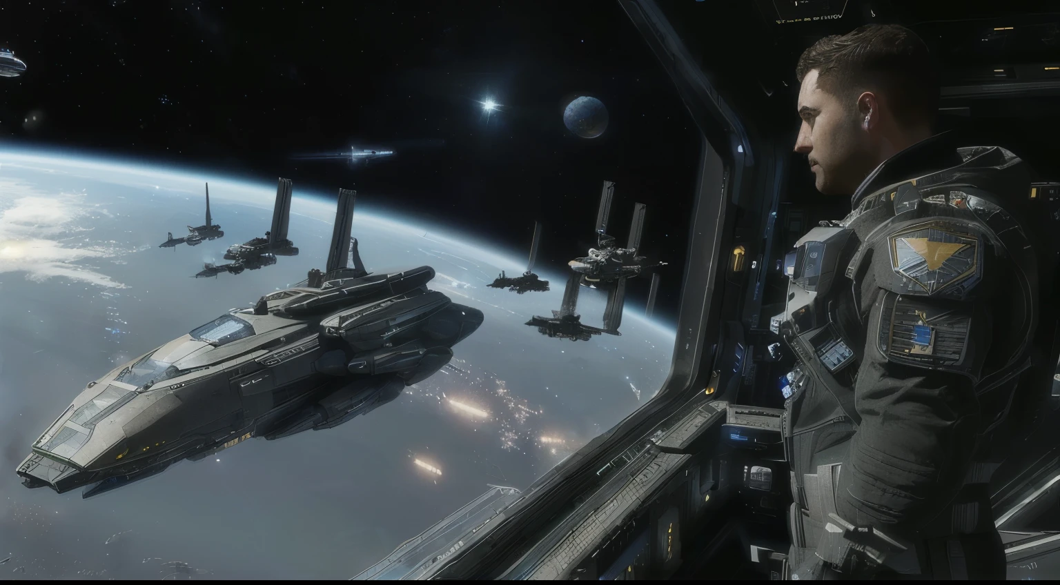 arafed view of a man looking out a window at a space station, star citizen halo, star citizen, spaceships flying in background, spaceships flying above, spaceships flying around, star citizen digital art, star citizen origin 100i, world of war spaceships, looking at spaceships at dock, wide shot of a spaceship battle, a hyper realistic image