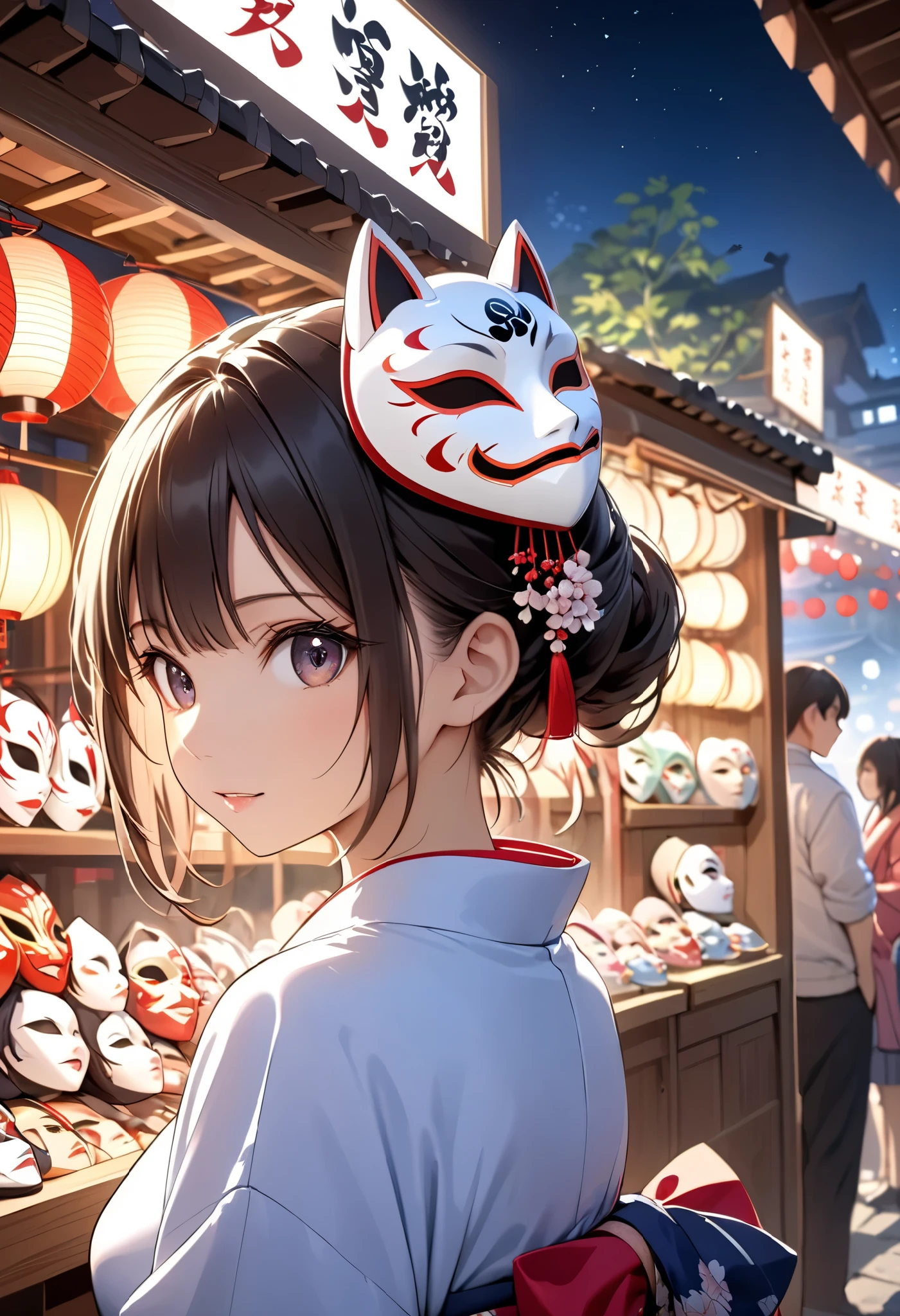 portrait, (Masterpiece, top quality, ultra high definition), back side shot, solo Japanese woman, sexy girl, A stall selling anime masks, , A stall village, Busy, A girl choosing a mask, Wearing a traditional Japanese kimono, , , A stall at night, Wearing a anime mask on her head