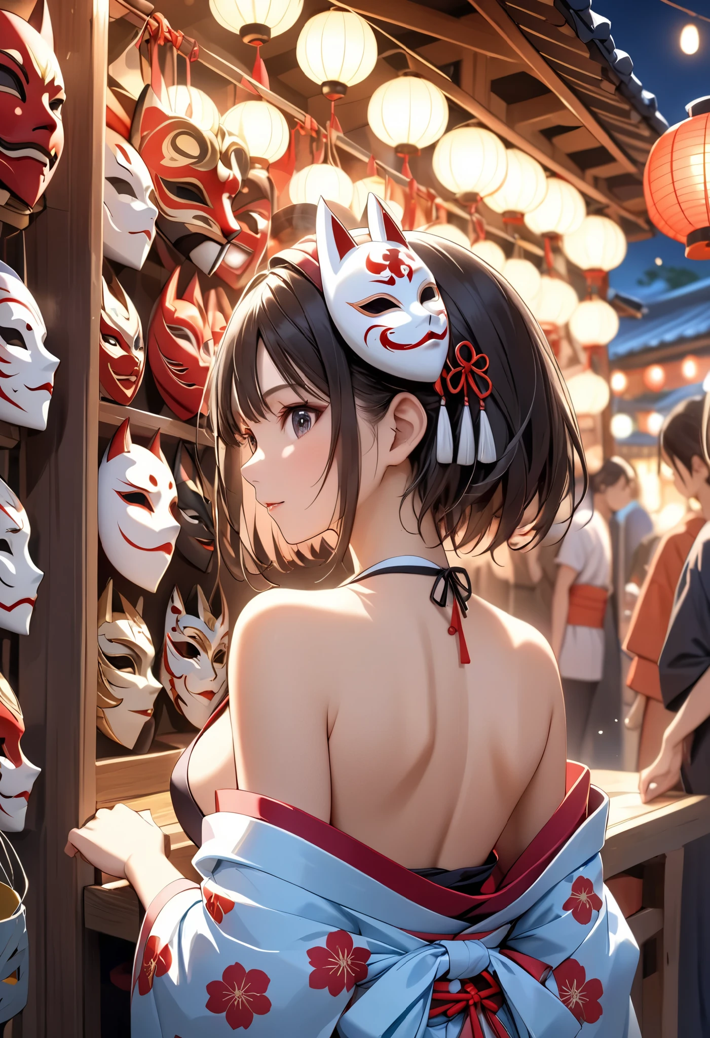 portrait, (Masterpiece, top quality, ultra high definition), back side shot, solo Japanese woman, sexy girl, A stall selling anime masks, , A stall village, Busy, A girl choosing a mask, Wearing a traditional Japanese kimono, , , A stall at night, Wearing a anime mask on her head