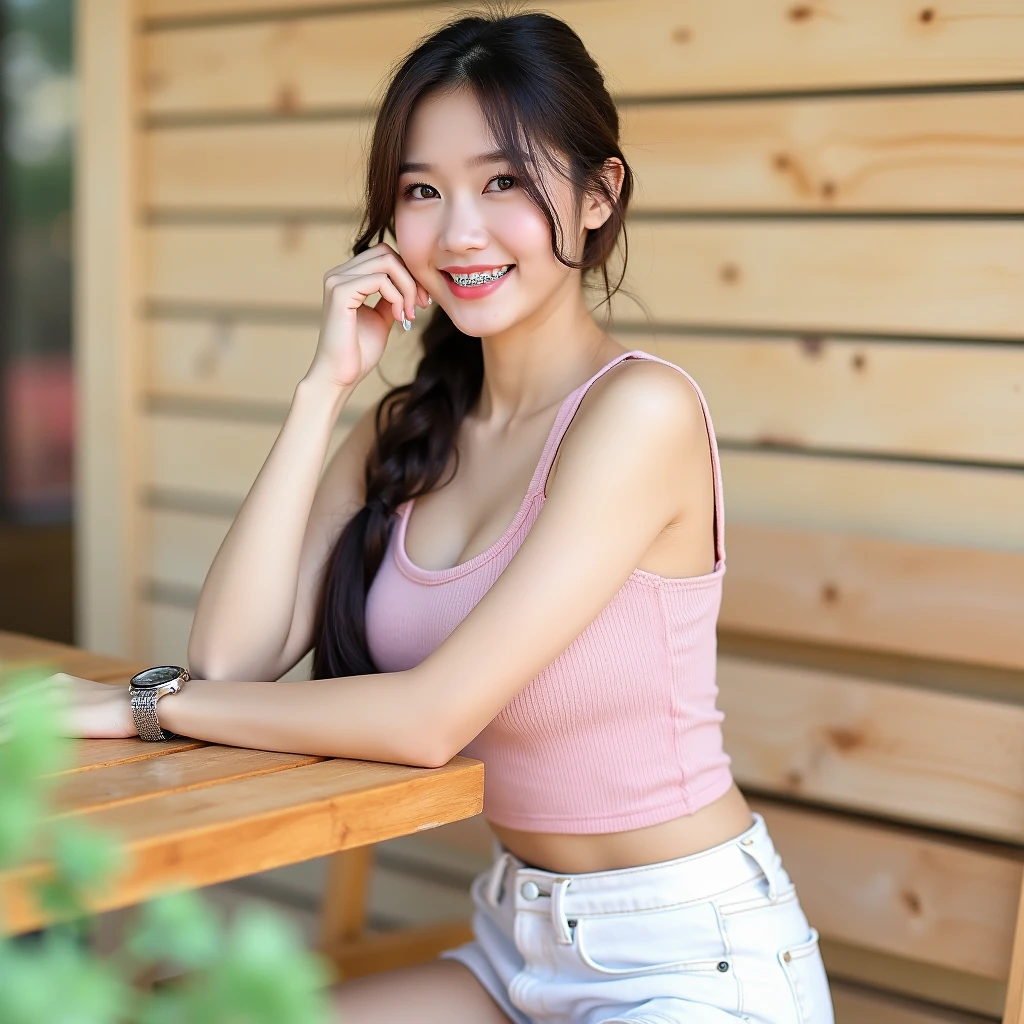 arafed asian woman in a pink top and blue jeans, sexy girl, sexy :8, 1 8 yo, sie boob, Yoshitomo Nara, cute seductive smile, instagram model, asian girl, cindy avelino, open v chest clothes, 2 7 years old, 🐎🍑, sakimichan, asian