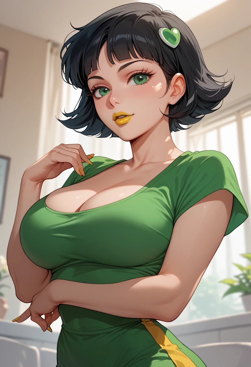 woman, big breasts, yellow lipstick, anime style, green eyes, white skin, black hair, short hair, green clothes, Powerpuff Girls, Karu Matsubara