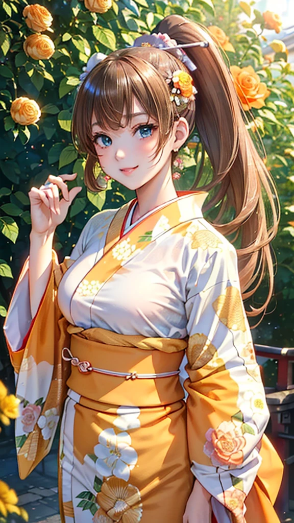 A masterpiece, ultra high definition, ultra HD quality, the most beautiful woman in history, anime, slender body, (large breasts), tall height, small face, well-balanced proportions, (shiny hair, light brown hair:1.2), (ponytail hair:1.3), (long bangs), (has beautiful shining eyes), (clear Blue eyes), (((shining highlights:1.3))), long eyelashes, pink lips, beautifully precise and delicate hand and finger creation, divine smile, (((Japanese kimono / pale orange colored furisode))), (((gorgeous floral kimono))), (yellow rose accessory:1.2), ((Hairpin)), (small earrings, ring), upper body, beautiful standing posture like a fashion model, Japanese shrine, torii gate
