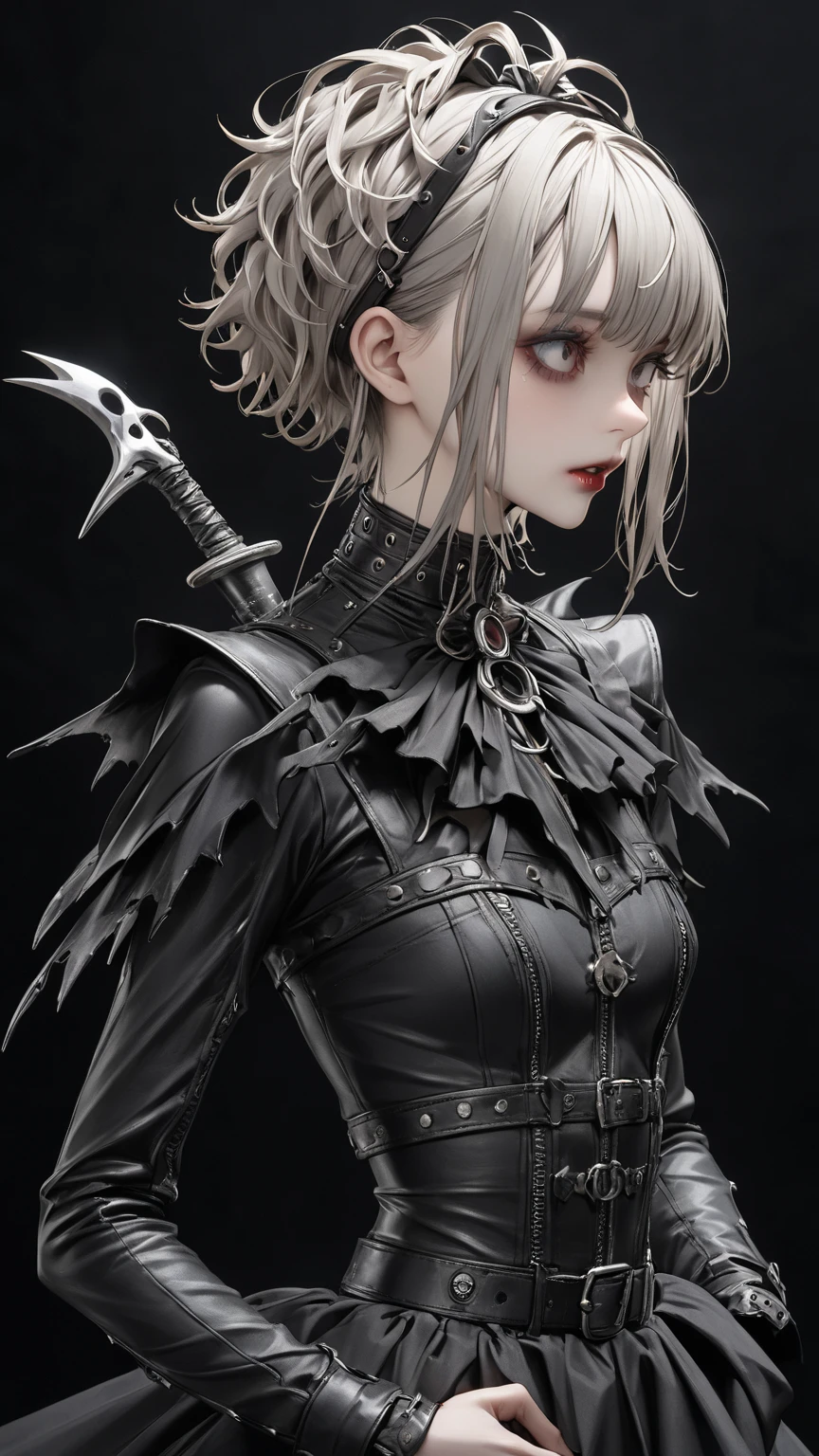 high res , masterpiece, Accurate,  top quality,  high res model,  high detail, Anatomically Accurate, Norman Rockwell & Tim Burton styl、Edward Scissorhands、black leather costume、Skinny, fair-skinned man、Alone,  dark background 、 fantasy、 horror、 darkness、Gothic、1人の女の子, ツインテール、