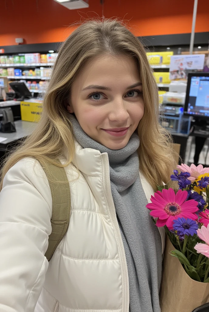 Selfie of 30-year-old slim woman with long blonde hair and blue-grey eyes and small breasts, wearing a white puffer jacket and a light grey scarf. She is at the supermarket checkout, holding a bouquet of flowers and a reusable shopping bag filled with groceries.  the background shows a cashier scanning items. The photo was taken straight on at face level, photo in bright indoor light.