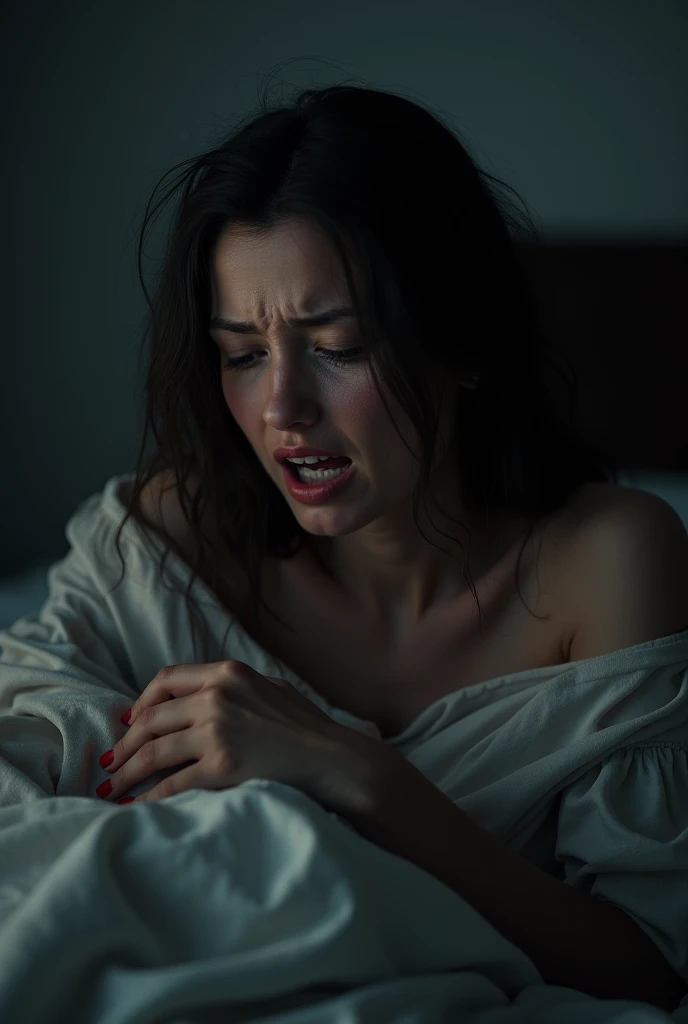 A long shot with realism style, cinematography style, scary vibe, thriller vibe. A Caucasian man, early 30 years old, dark hair, blue eyes, sad eyes, exhausting face, cool looks, wearing a sliver cross, wearing a dark coat. He is exorcising a ghost out of a young girl in a white pajamas. The girl is pocessed by a devil. The girl lays on bed and she is screaming.