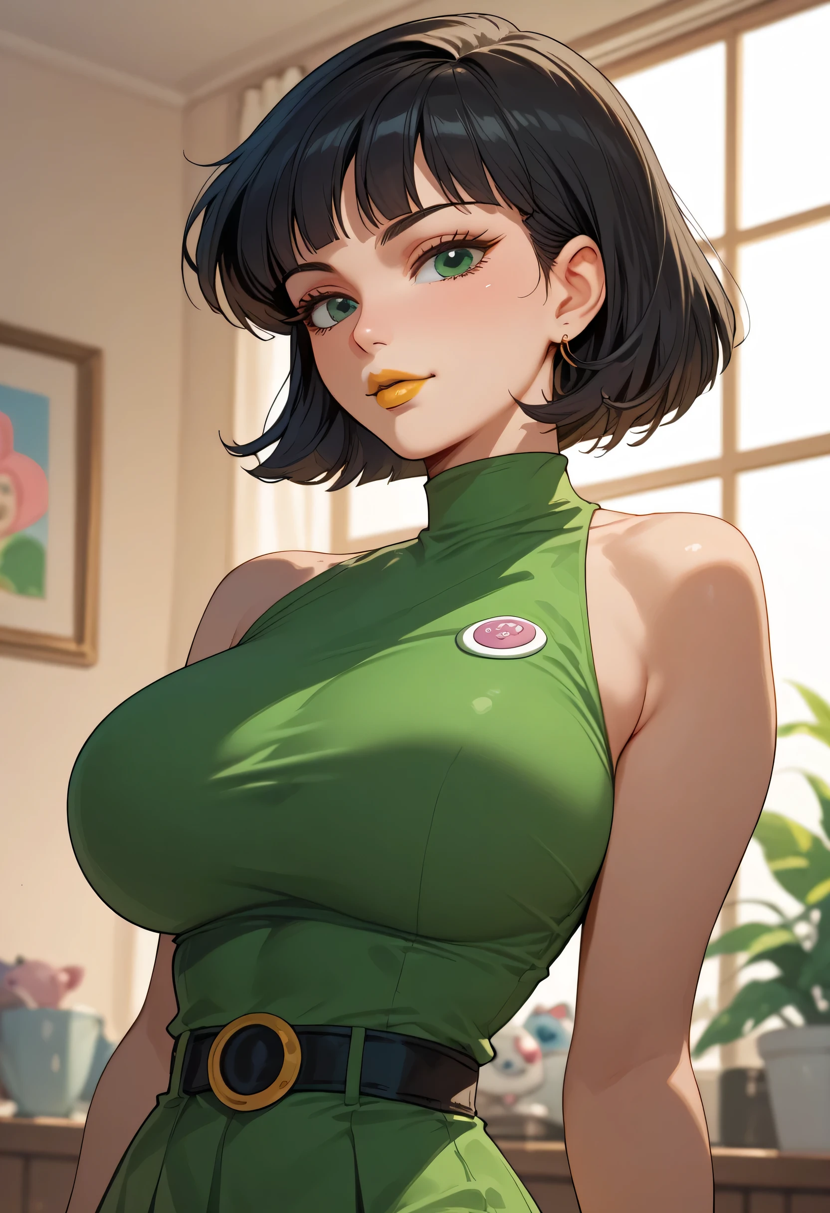 woman, big breasts, yellow lipstick, anime style, green eyes, white skin, black hair, short hair, green clothes, Powerpuff Girls, Karu Matsubara