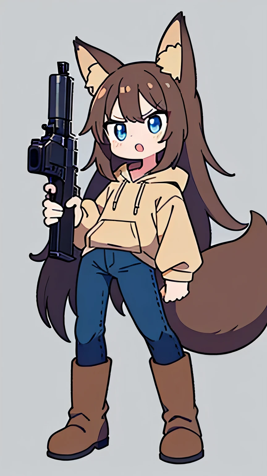  1 girl、 long hair、dark blue eyes、 brown hair、Fox Ears、Tail、Brown hoodie、 blue jeans 、 brown boots、whole body、 serious face、Double teeth、 and hold up your gun