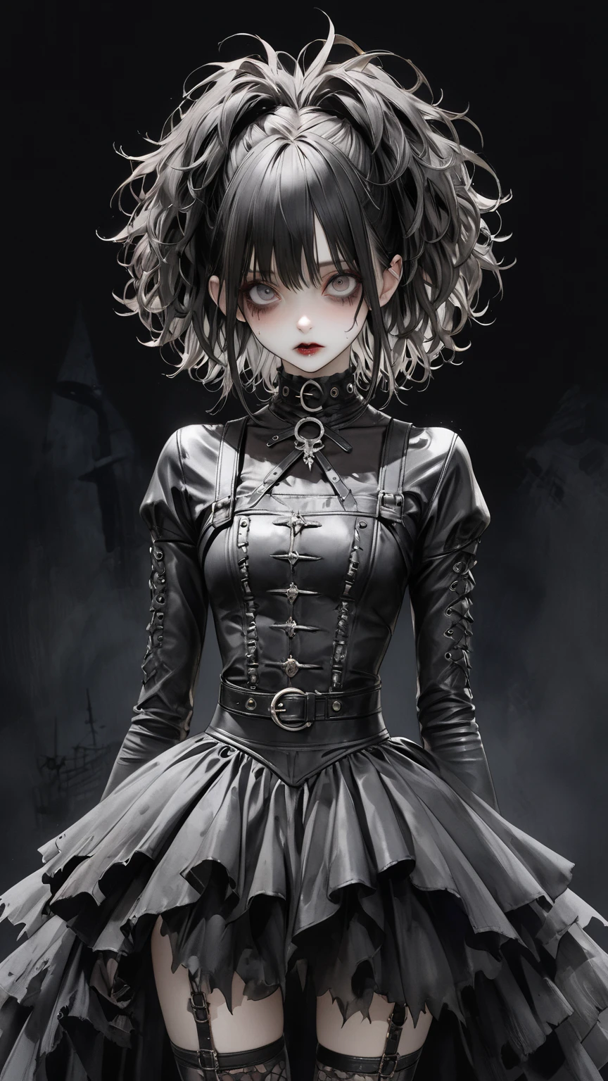 high res , masterpiece, Accurate,  top quality,  high res model,  high detail, Anatomically Accurate, Norman Rockwell & Tim Burton styl、Watercolor touch、 Edward Scissorhands、black leather costume、Skinny, fair-skinned man、Alone,  dark background 、 fantasy、 horror、 darkness、Gothic、1人の女の子, 