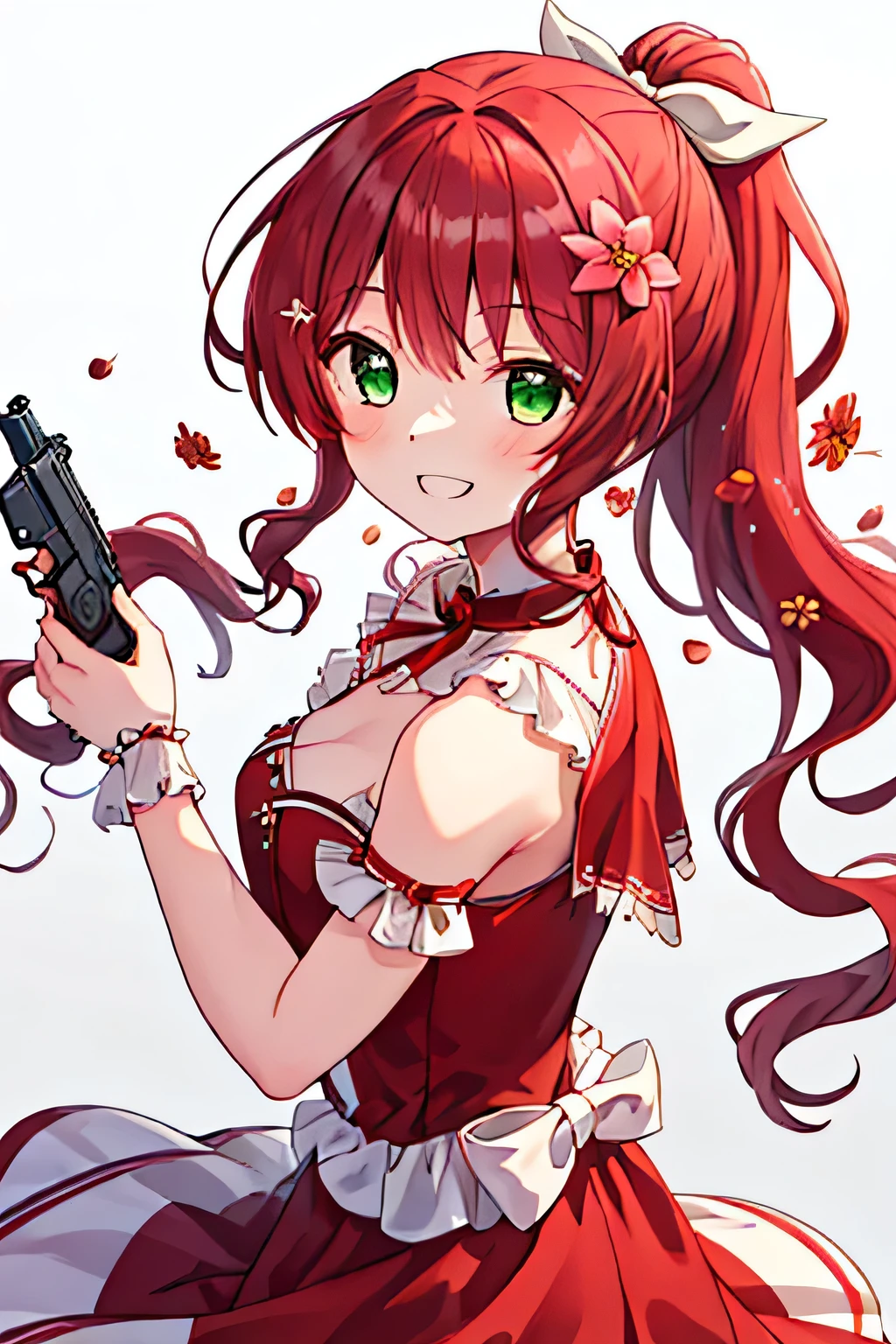 ((green_eyes)), ((red_hair)), bangs, ponytail, sidelocks, flower ribbon, long_hair, princess, ((red white dress)), simple background, smile, ((hold the pistol))