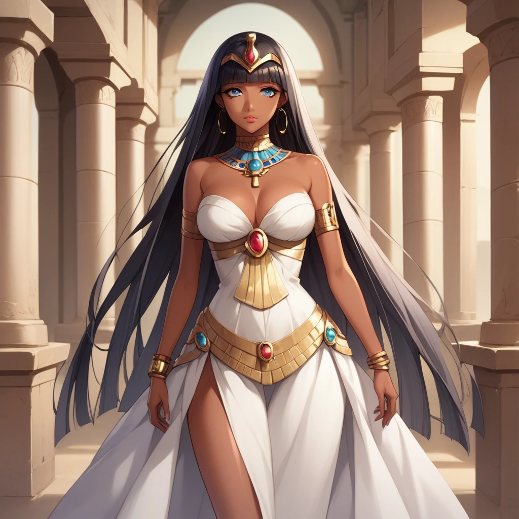 Masterpiece,  top quality,   very detailed, score_9, score_8_  up, score_7_  up, score_6_  up,  source_Anime,Egyptian Background、 wear Egyptian jewelry、Blake Liliana,  one girl , Alone,  Lustrous silver long hair , Chest,  Watch viewers ,   blue eyes,   dress,   clevis on the stone , Bare shoulders,     jewelry, clavicle,   thighs,   earrings,   choker  , indoor,  brown skin next to a woman, blunt bangs, white   dress, huge Chest,   bracelet,   dark-skinned woman, lips, hoop   earrings,throw